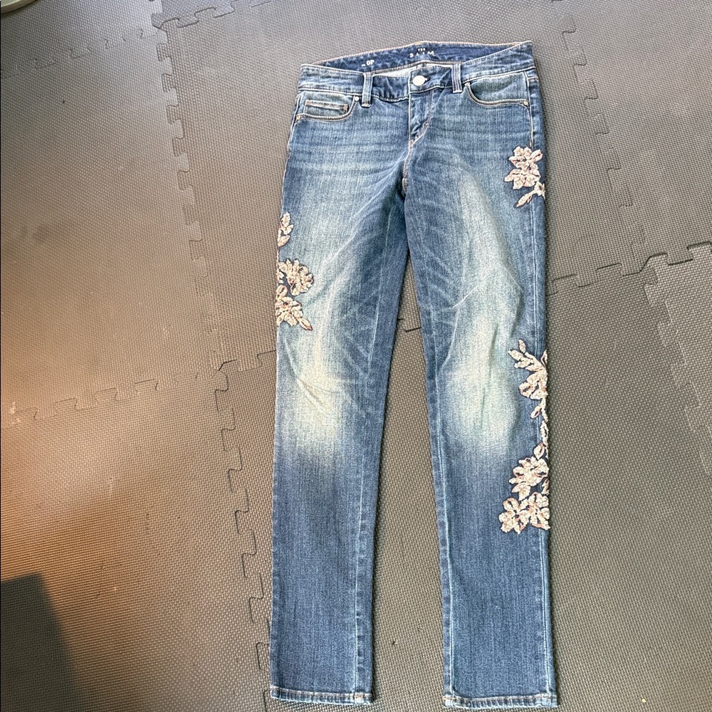 White House Black Market Blue Straight-Leg Jeans with Cream Floral Embroidery